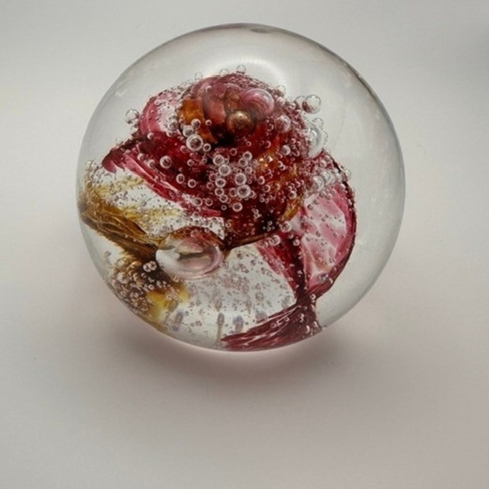 Vintage Polish Art Glass Paperweight Pink Amber Controlled Bubbles Made Poland